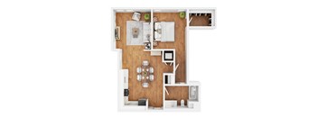 A modern 3d floor plan of a 1 bedroom 1 bathroom apartment with furnitures.