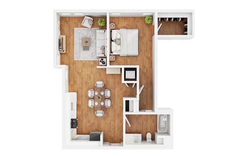 A modern 3d floor plan of a 1 bedroom 1 bathroom apartment with furnitures.