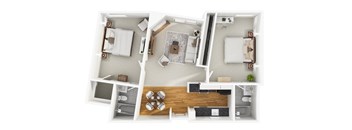A modern 3D floor plan for a 2 bedroom 2 bathroom apartment with furnitures.