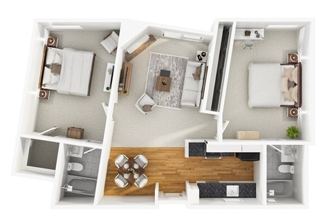 A modern 3D floor plan for a 2 bedroom 2 bathroom apartment with furnitures.