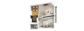 A modern 3D floor plan for a 1 bedroom 1 bathroom apartment with furnitures.
