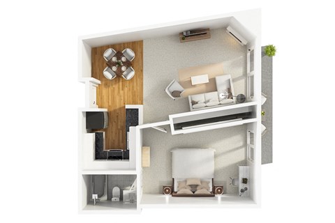 A modern 3D floor plan for a 1 bedroom 1 bathroom apartment with furnitures.