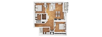 A modern 3d floor plan of a 2 bedroom 2 bathroom apartment with furnitures.