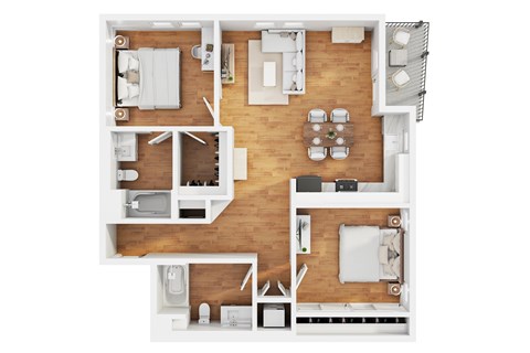 A modern 3d floor plan of a 2 bedroom 2 bathroom apartment with furnitures.