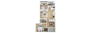 A modern 3d floor plan of a 2 bedroom 2 bathroom apartment with furnitures.