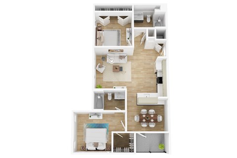 A modern 3d floor plan of a 2 bedroom 2 bathroom apartment with furnitures.