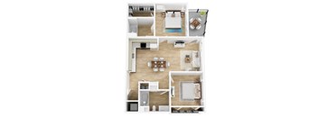 A modern 3d floor plan of a 2 bedroom 2 bathroom apartment with furnitures.