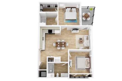 A modern 3d floor plan of a 2 bedroom 2 bathroom apartment with furnitures.