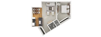 A modern 3D floor plan of a 1 bedroom 1 bathroom apartment with furnitures.