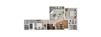 A modern 3D floor plan of a 2 bedroom 2 bathroom apartment with furnitures.