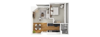 A modern 3D floor plan of a 1 bedroom 1 bathroom apartment with furnitures.