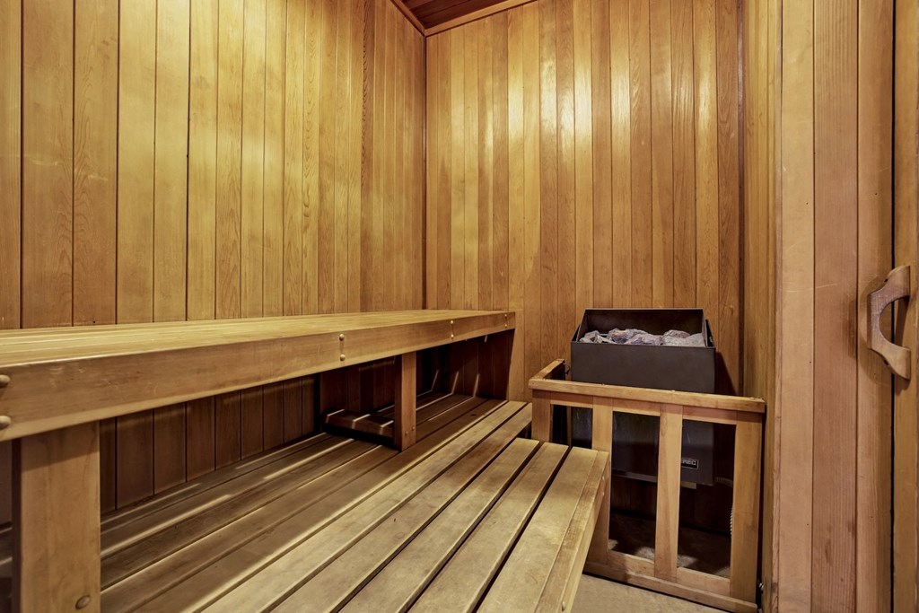 A sauna with wooden benches and walls at Midvale Court, Los Angeles