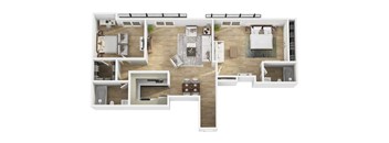 A modern 3d floor plan of a 2 bedroom 2 bathroom apartment with furnitures.