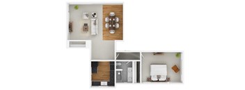 A modern 3D floor plan of a 1 bedroom 1 bathroom apartment.