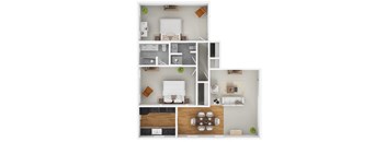 A modern 3D floor plan of a 2 bedroom 2 bathroom apartment.