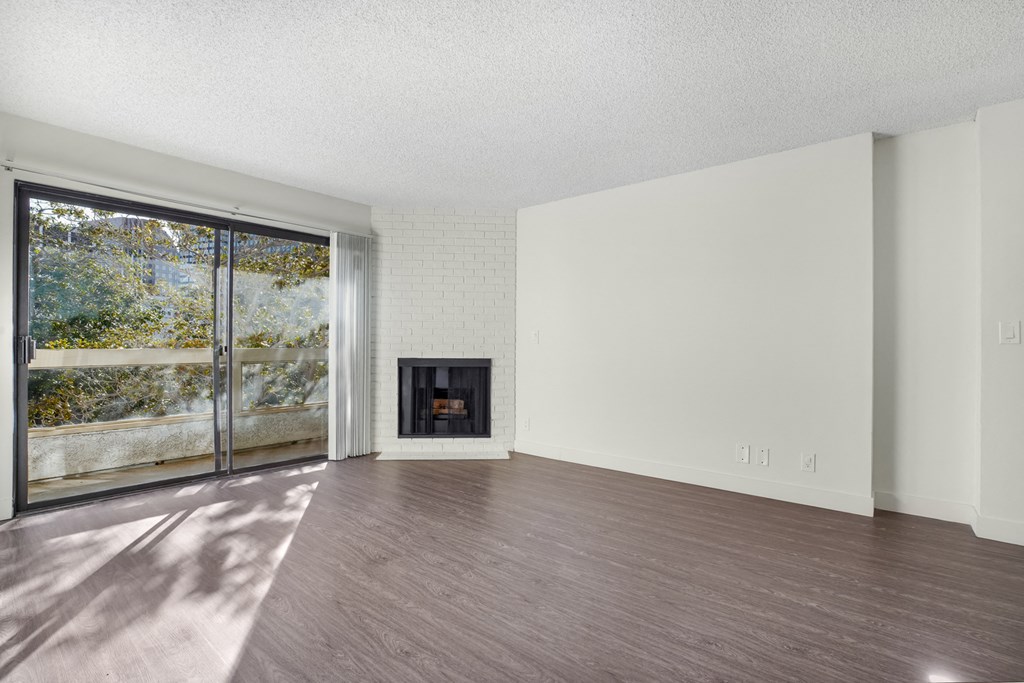 Apartment living room with fireplace and balcony