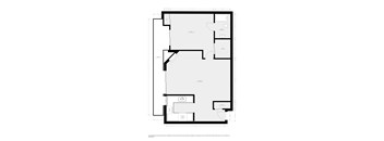A black and white floor plan of an 1 bedroom, 1 bath apartment with labeled rooms and dimensions of unit 203 at 1059 South Bedford Street.