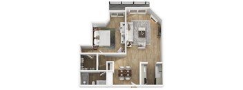 A modern 3d floor plan of a 1 bedroom 1 bathroom apartment with furnitures.