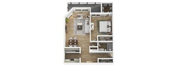 A modern 3d floor plan of a 1 bedroom 1 bathroom apartment with furnitures.