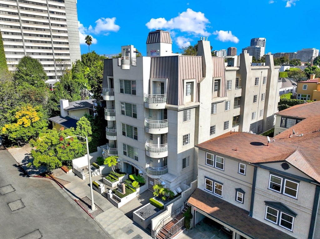 Exterior aerial view of apartment building.