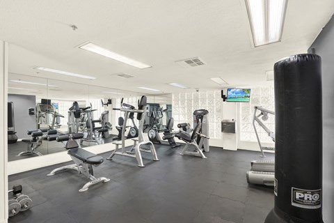 A gym with various exercise equipment at Midvale Towers, California, 90024