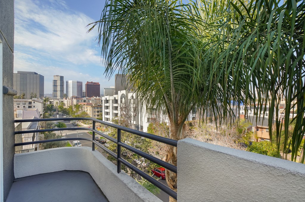 a balcony with a view of the city and a palm tree