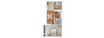 Modern 3D floor plan of a 1 bedroom 1 bath apartment with furnitures at 418 Rexford, Beverly Hills, CA