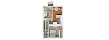 Modern 3D floor plan of a 1 bedroom 1 bath apartment with furnitures at 418 Rexford, Beverly Hills, CA
