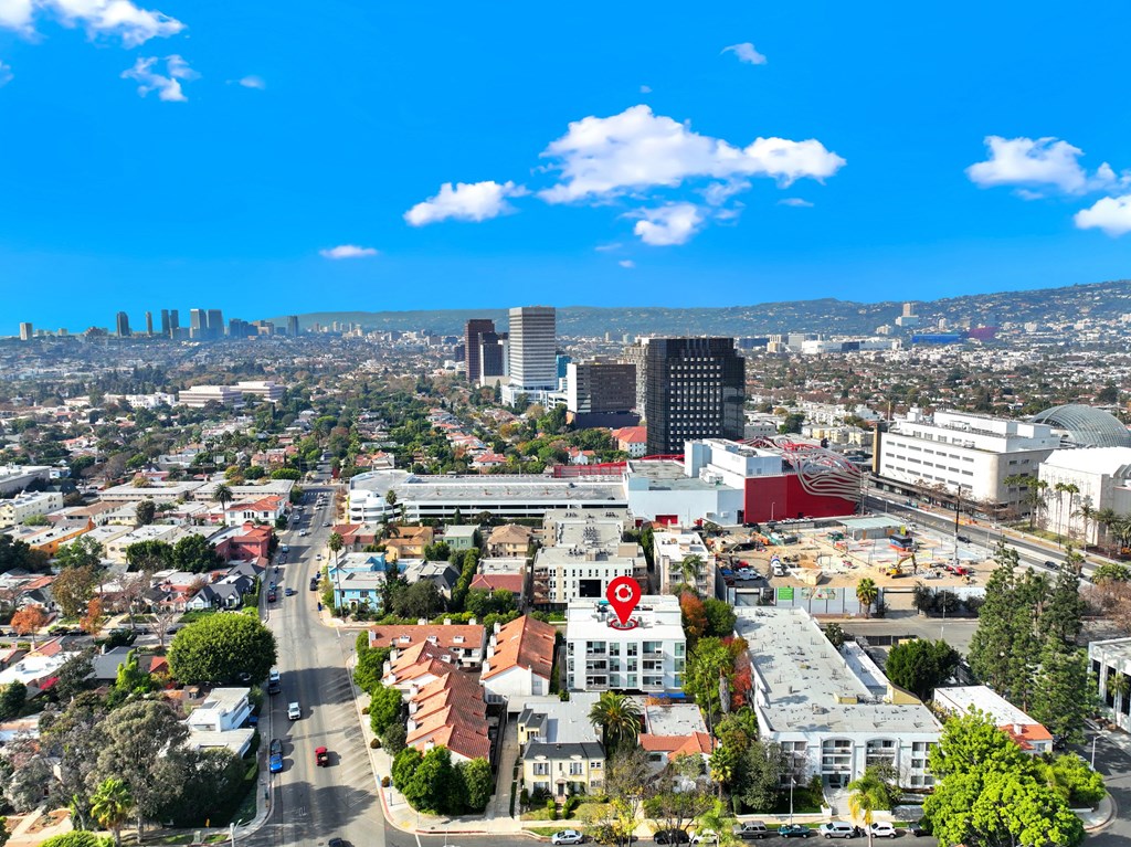 A cityscape with a red pin on a building. at The Urbanpolitan, Los Angeles, CA 90036