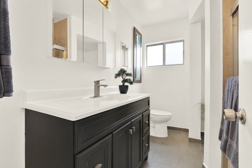 A bathroom with a white sink and black cabinetry at Wooster Encore Apartments, California 90035