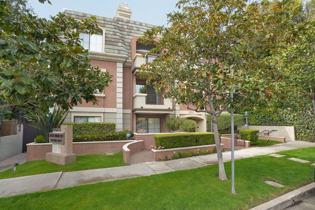 Street view of apartment building entrance