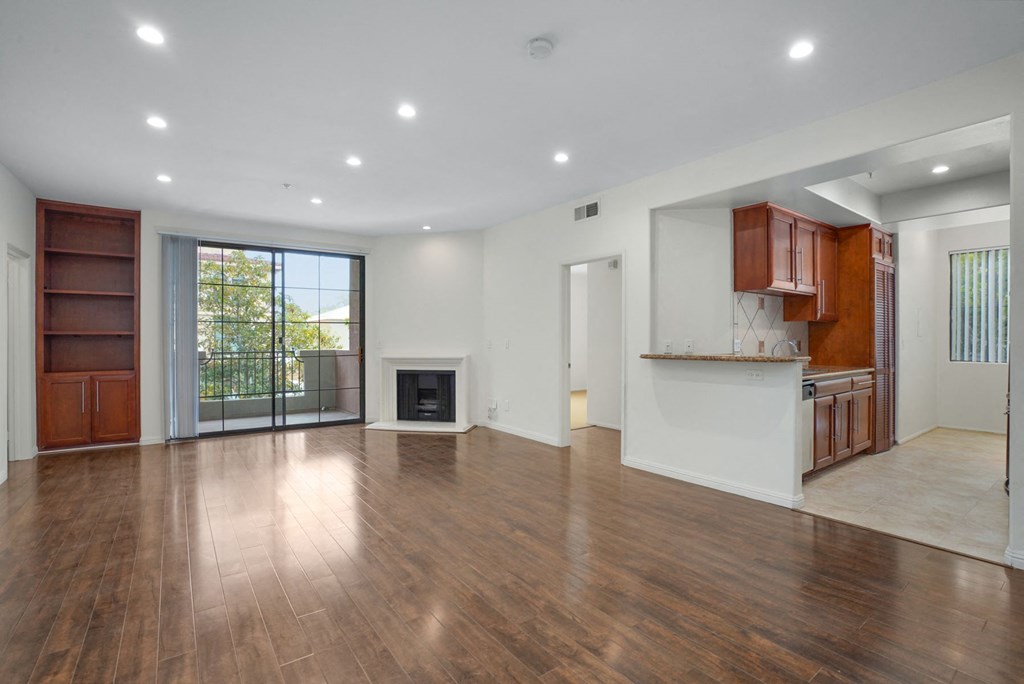Apartment living room with fireplace, balcony and kitchen