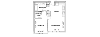 A floor plan of an apartment with a bedroom, living room, and bathroom.