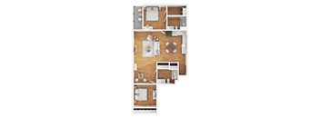 A modern 3d floor plan of a 2 bedroom 2 bathroom apartment with furnitures.