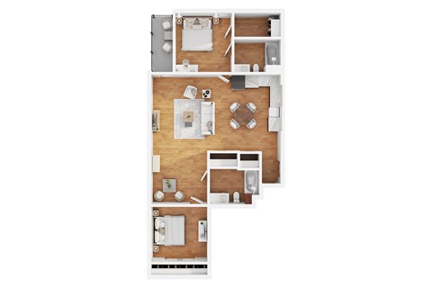 A modern 3d floor plan of a 2 bedroom 2 bathroom apartment with furnitures.
