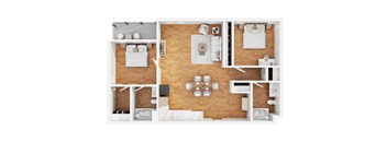 A modern 3d floor plan of a 2 bedroom 2 bathroom apartment with furnitures.