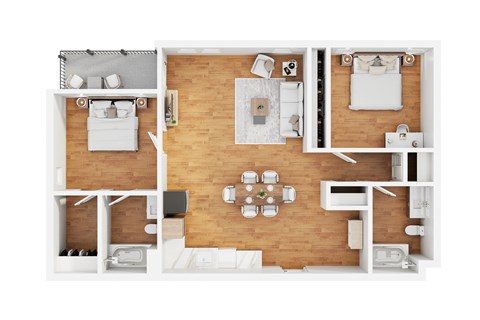 A modern 3d floor plan of a 2 bedroom 2 bathroom apartment with furnitures.