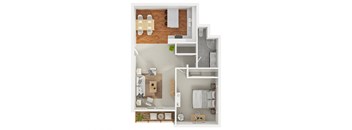Modern 3D floor plan of a 1 bedroom 1 bath apartment with furnitures at 860 South Wooser, Los Angeles, CA