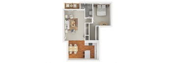 Modern 3D floor plan of a 1 bedroom 1 bath apartment with furnitures at 860 South Wooser, Los Angeles, CA