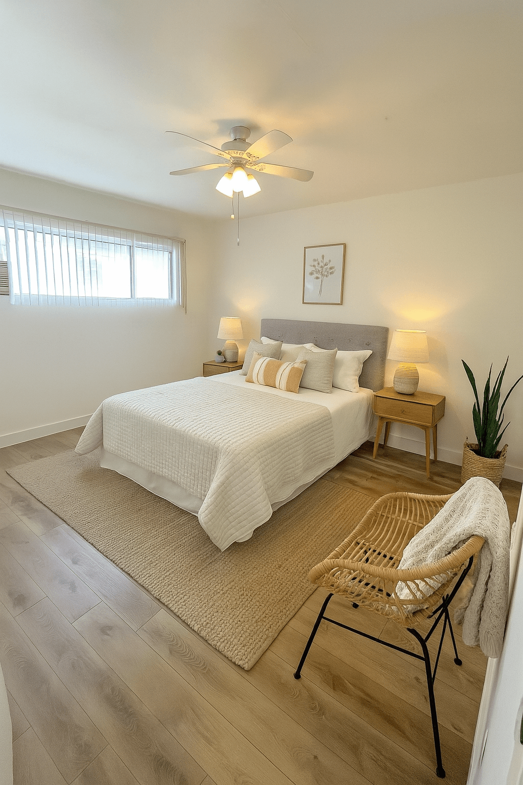 A bedroom with a bed, chair, and ceiling fan.