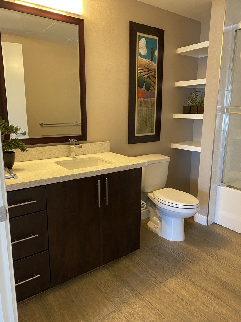 Apartment bathroom with vanity, shower tub combo