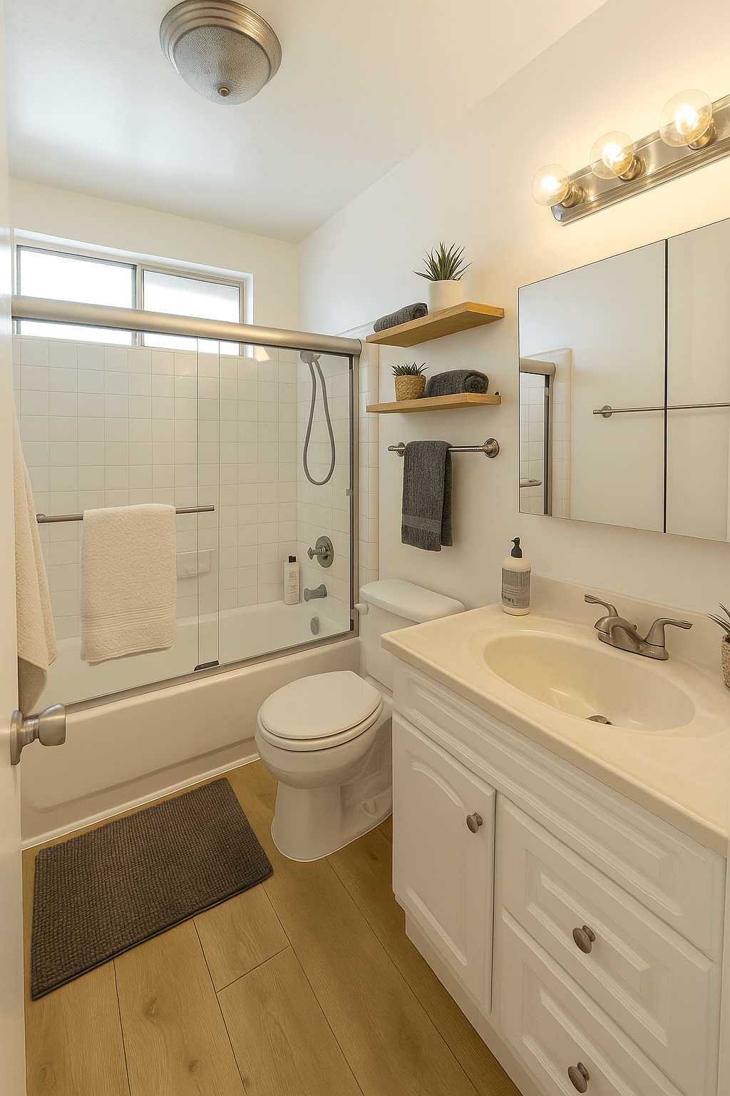 A white bathroom with a toilet, sink, and shower.