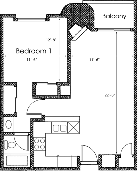 1 bed 1 bath X07 Floor Plan at Midvale Court, Los Angeles, California