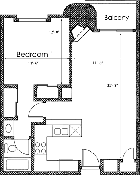 1 bed 1 bath X14 Floor Plan at Midvale Court, Los Angeles, 90024
