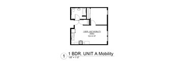 A floor plan for a 1 bedroom unit with a mobility designation.