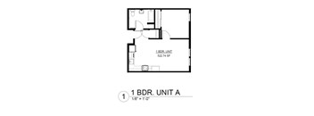 A floor plan of a 1 bedroom unit.
