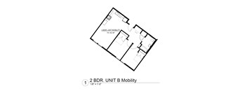A black and white image of a 2 bedroom, unit mobility floor plan.