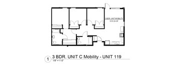A drawing of a 3 bedroom, unit mobility apartment.