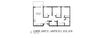 A floor plan of a 3 bedroom unit with dimensions.