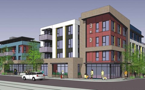a rendering of a building with a car on the street